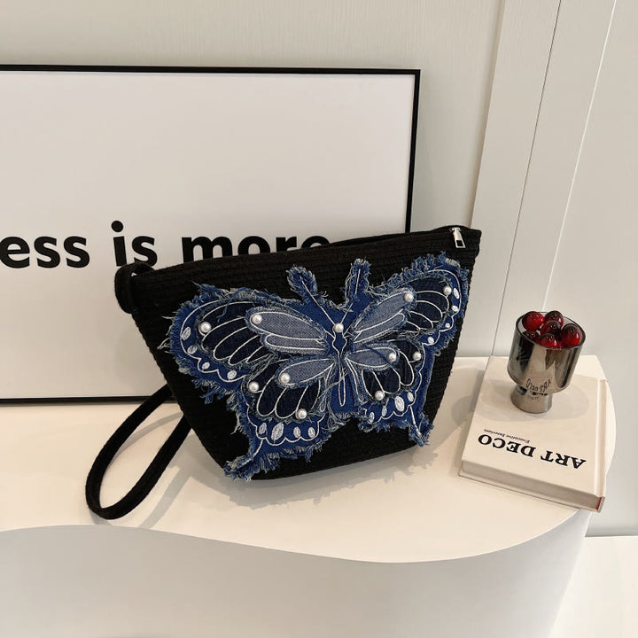 Stickerei Schmetterling Schultertasche Baumwolle Leinen Crossbody Geldbörse für Frauen