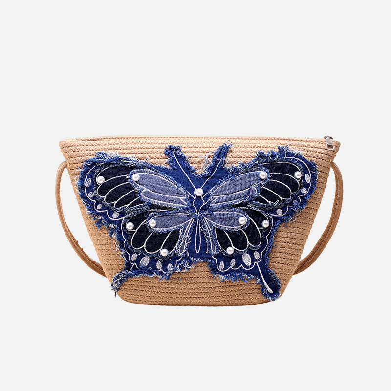 Stickerei Schmetterling Schultertasche Baumwolle Leinen Crossbody Geldbörse für Frauen