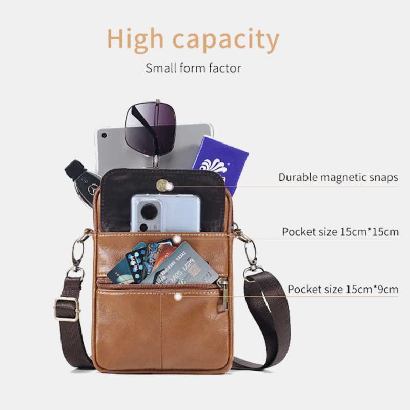 Kleine Messenger-Umhängetasche aus echtem Leder für Herren mit mehreren Taschen