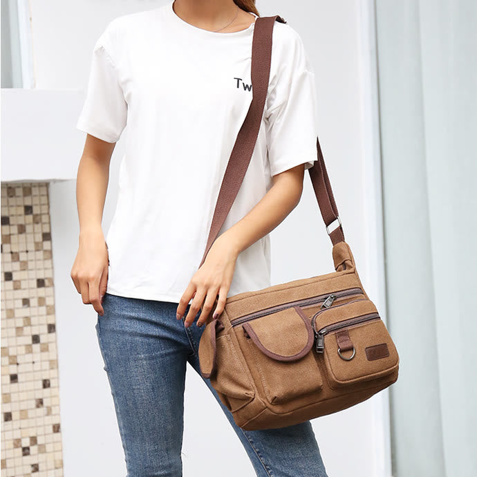 Große Retro-Umhängetasche aus Canvas mit mehreren Taschen