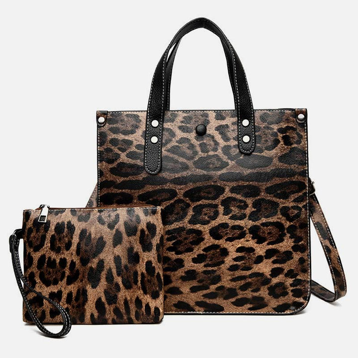 Tragetasche mit Leopardenmuster, Set aus Leder, Handtasche für Damen