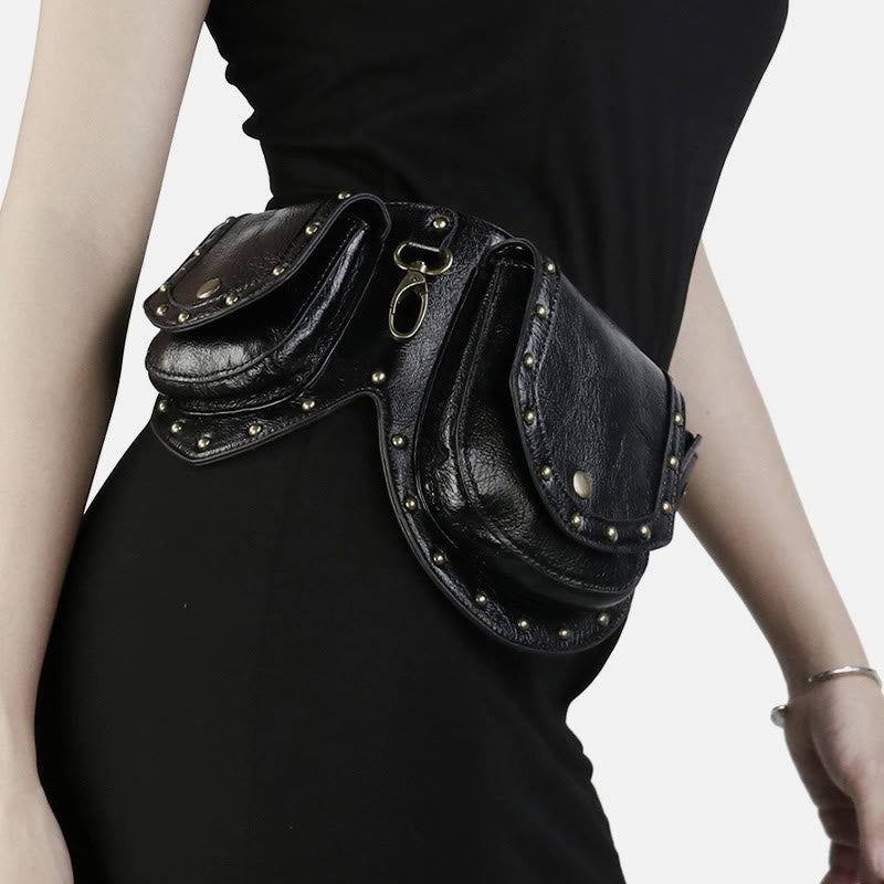 Punk Nieten Gürteltasche für Damen Multifunktionale Trage Umhängetasche