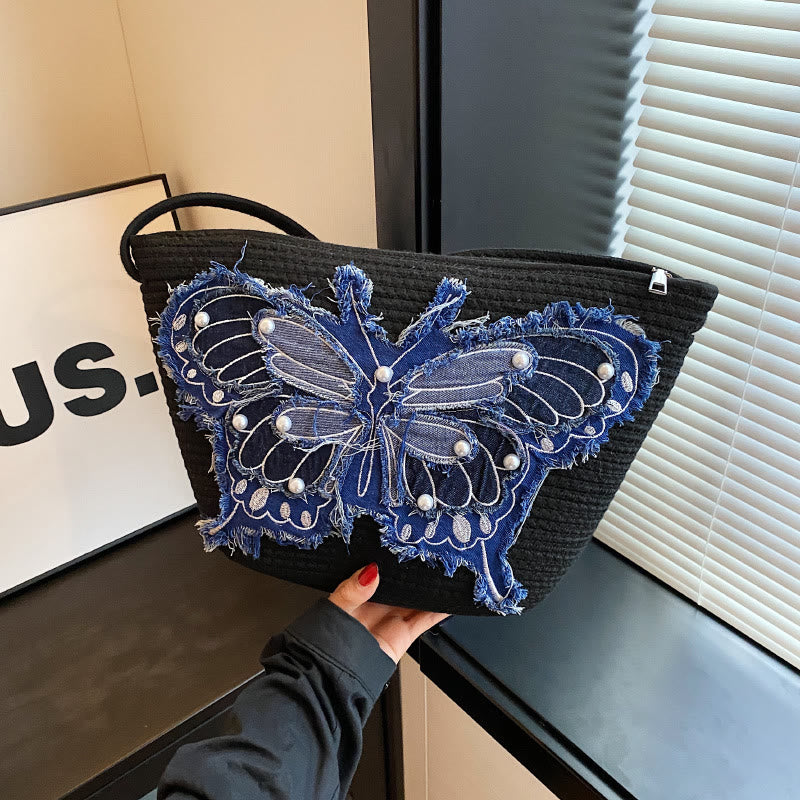 Stickerei Schmetterling Schultertasche Baumwolle Leinen Crossbody Geldbörse für Frauen
