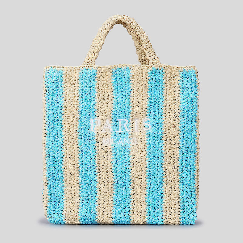 Strandtasche für Damen, Sommer, Urlaub, Reise, gestreifte Strohhandtasche
