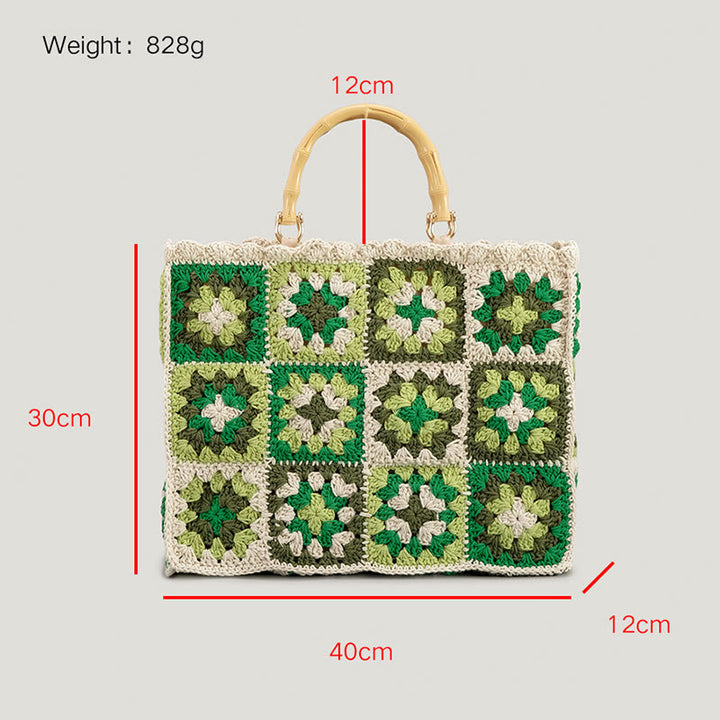 Gestrickte Handtasche mit Blumen-Patchwork-Muster und Bambusgriff