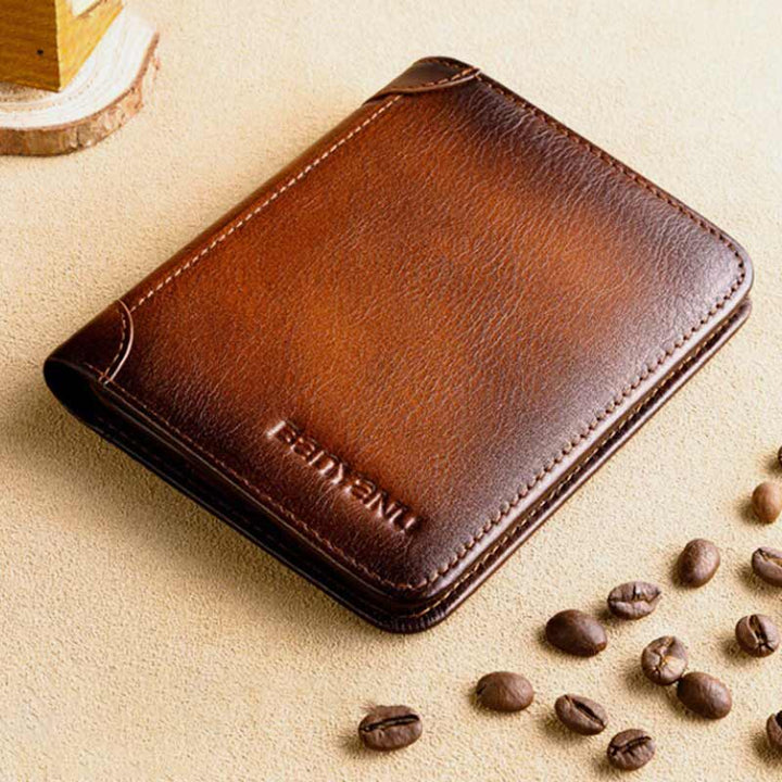 RFID Retro Dreifach faltbare Geldbörse aus echtem Leder