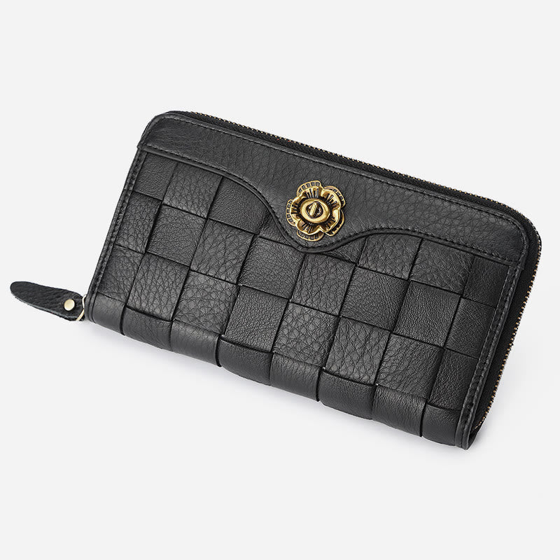 Gewebte Geldbörse aus Leder für Damen und Herren, lange, multifunktionale Clutch