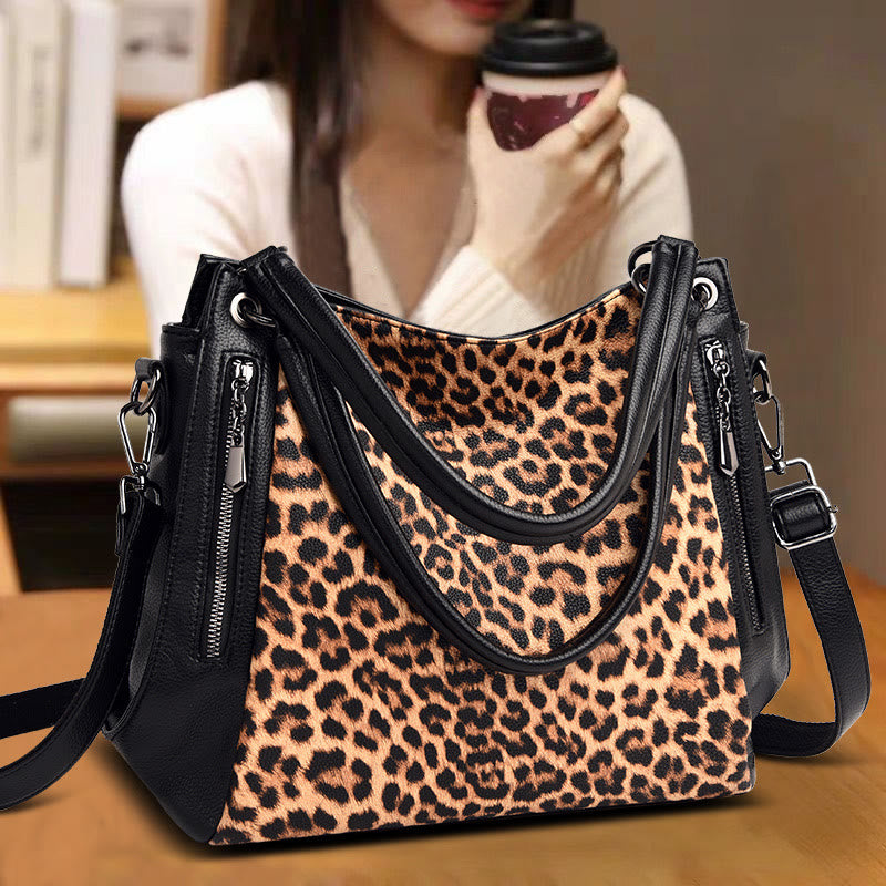 Tote mit Leoparden-Zebra-Print für Damen, veganes Leder, große Handtasche