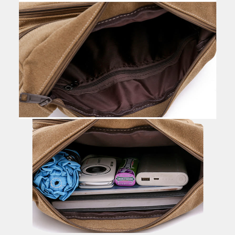 Große Retro-Umhängetasche aus Canvas mit mehreren Taschen