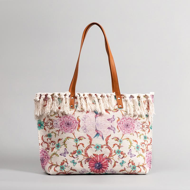 Tragetasche für Damen, Schultertasche aus Canvas mit Quaste und Bohemian-Print
