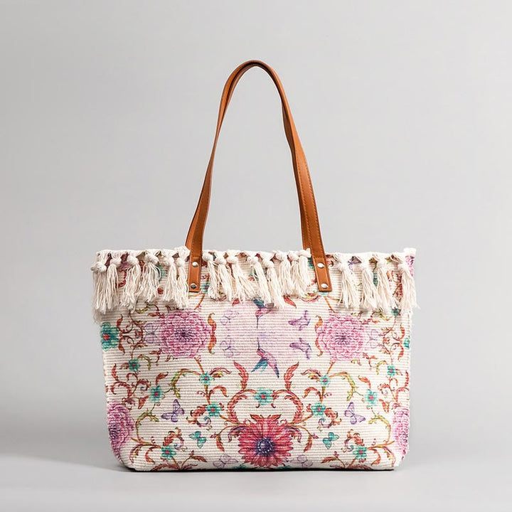 Tragetasche für Damen, Schultertasche aus Canvas mit Quaste und Bohemian-Print