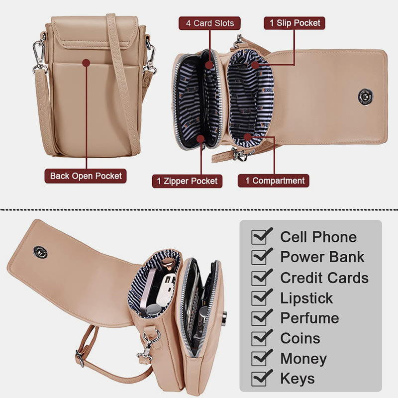 Mini-Telefontasche für Damen, Umhängetasche aus Leder mit zwei Fächern