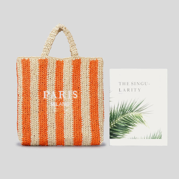 Strandtasche für Damen, Sommer, Urlaub, Reise, gestreifte Strohhandtasche