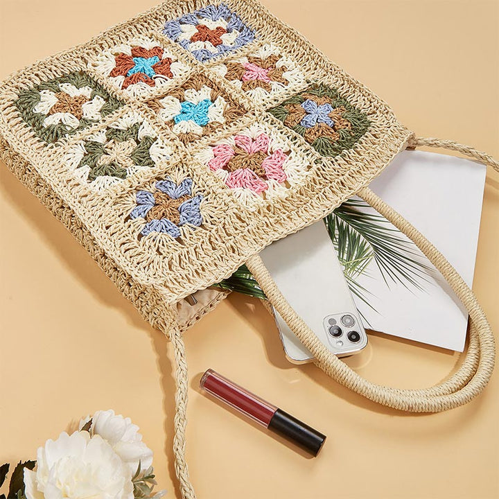 Blumenmuster Sommer Handtasche Stroh handgewebte Schultertasche Crossbody Geldbörsen