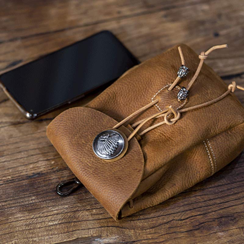 Echtes Leder Kordelzug Beutel Handtasche Hüfttasche Tragbare Brieftasche Gürteltasche