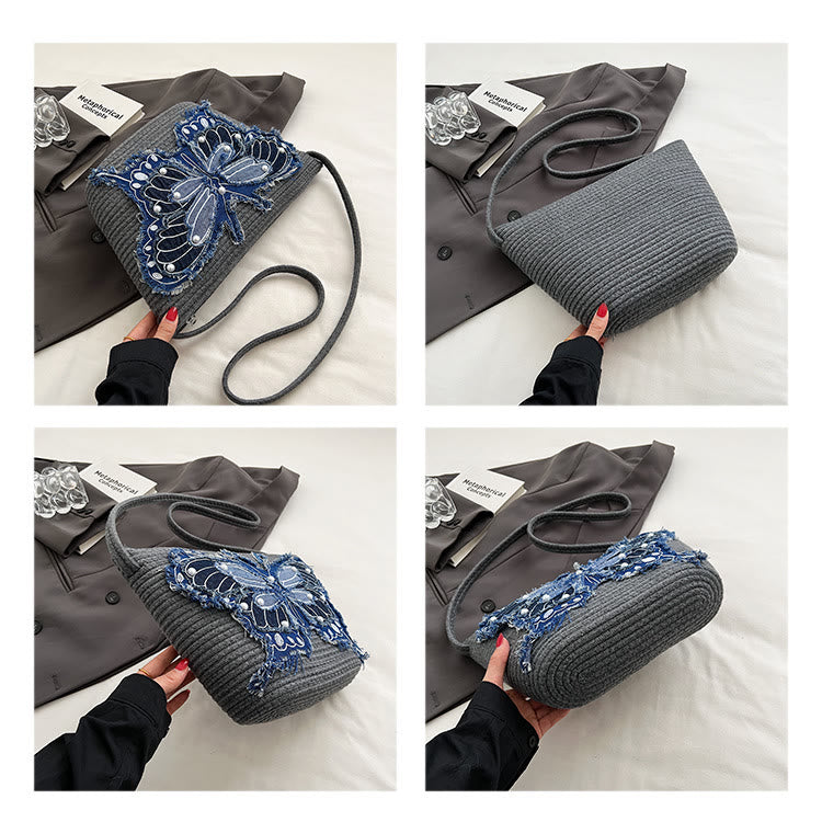 Stickerei Schmetterling Schultertasche Baumwolle Leinen Crossbody Geldbörse für Frauen
