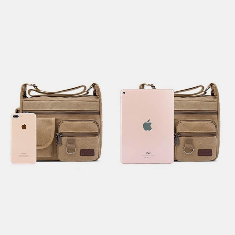 Große Retro-Umhängetasche aus Canvas mit mehreren Taschen