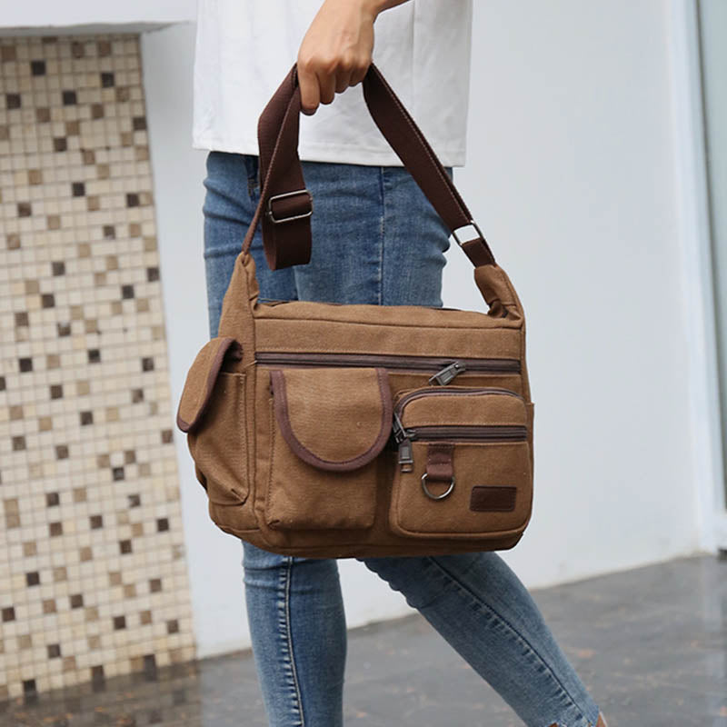 Große Retro-Umhängetasche aus Canvas mit mehreren Taschen