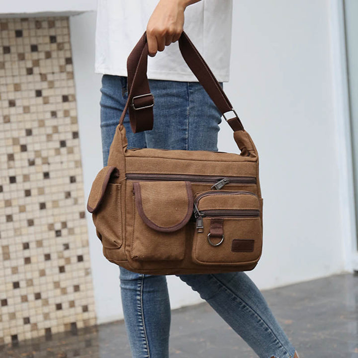 Große Retro-Umhängetasche aus Canvas mit mehreren Taschen
