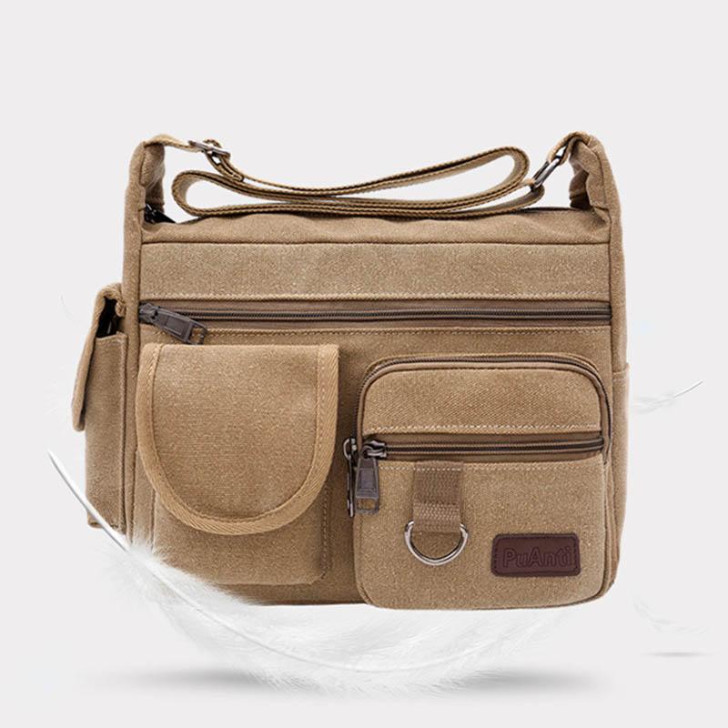Große Retro-Umhängetasche aus Canvas mit mehreren Taschen