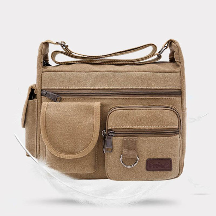 Große Retro-Umhängetasche aus Canvas mit mehreren Taschen