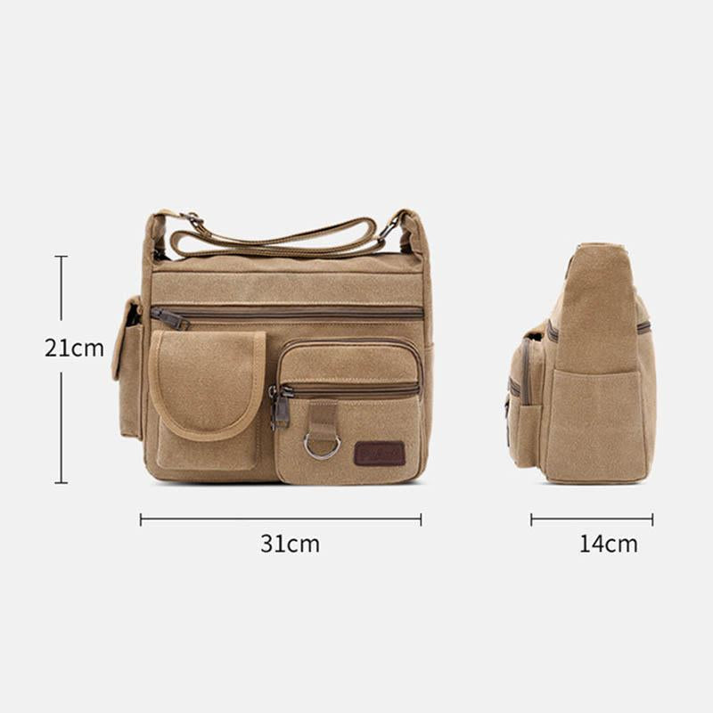 Große Retro-Umhängetasche aus Canvas mit mehreren Taschen
