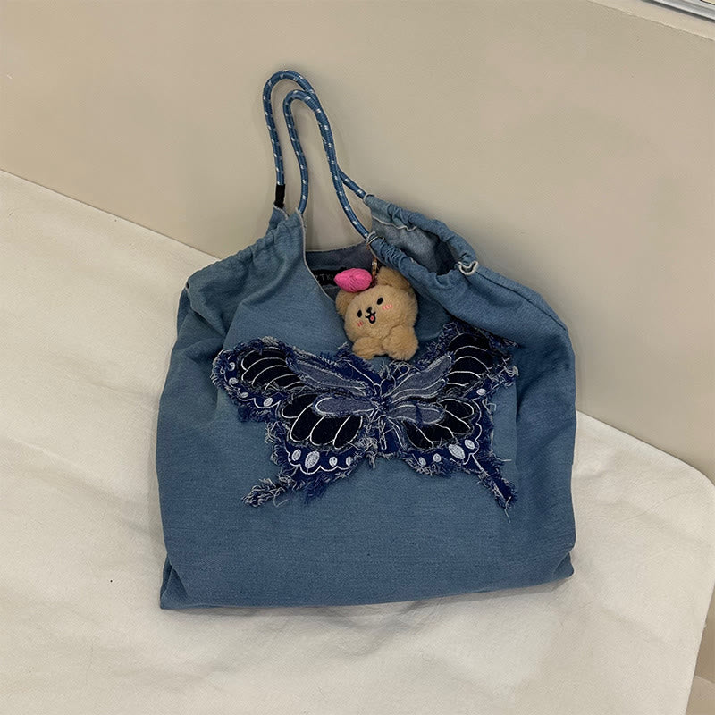 Umhängetasche mit Schmetterlingsmuster für Damen, große Tragetasche aus Denim