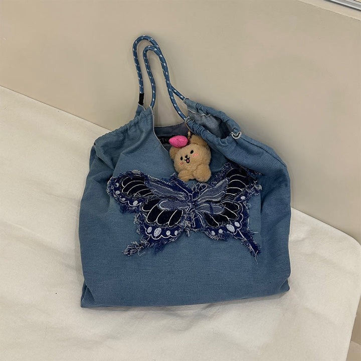Umhängetasche mit Schmetterlingsmuster für Damen, große Tragetasche aus Denim