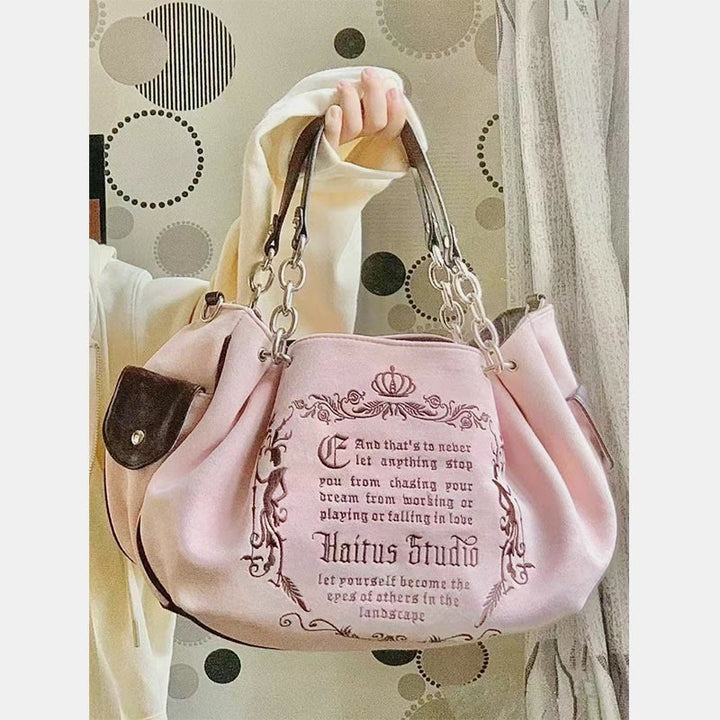 Einkaufstasche für Damen, Vintage-Alphabet-Stickerei, Ketten-Umhängetasche