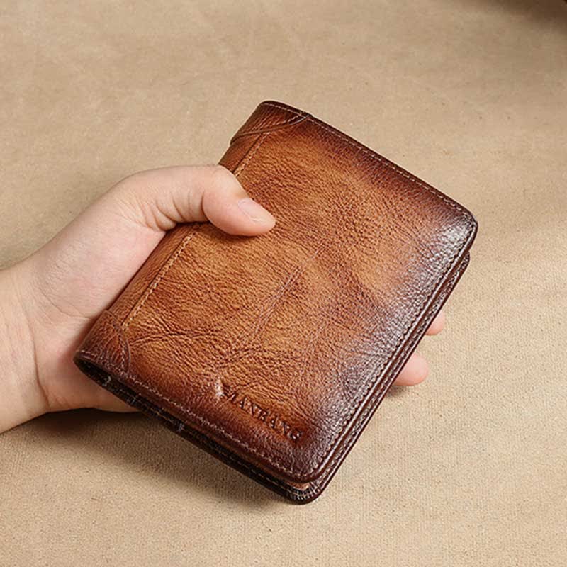 RFID Retro Dreifach faltbare Geldbörse aus echtem Leder