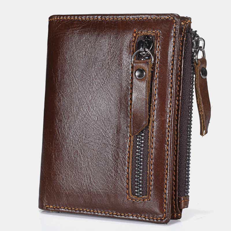 Bifold-Geldbörse für Herren aus echtem Leder mit Kartenhalter und doppeltem Reißverschlussfach