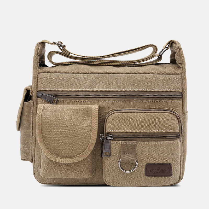 Große Retro-Umhängetasche aus Canvas mit mehreren Taschen
