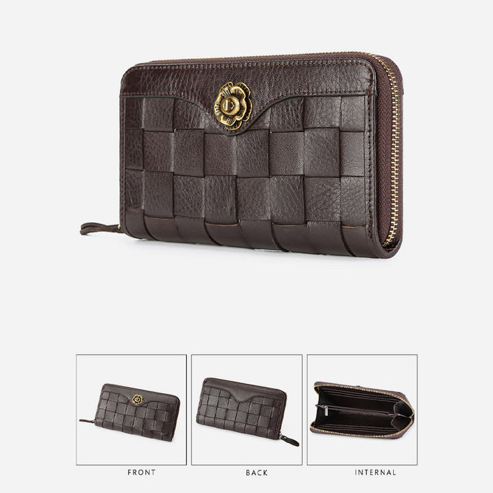 Gewebte Geldbörse aus Leder für Damen und Herren, lange, multifunktionale Clutch