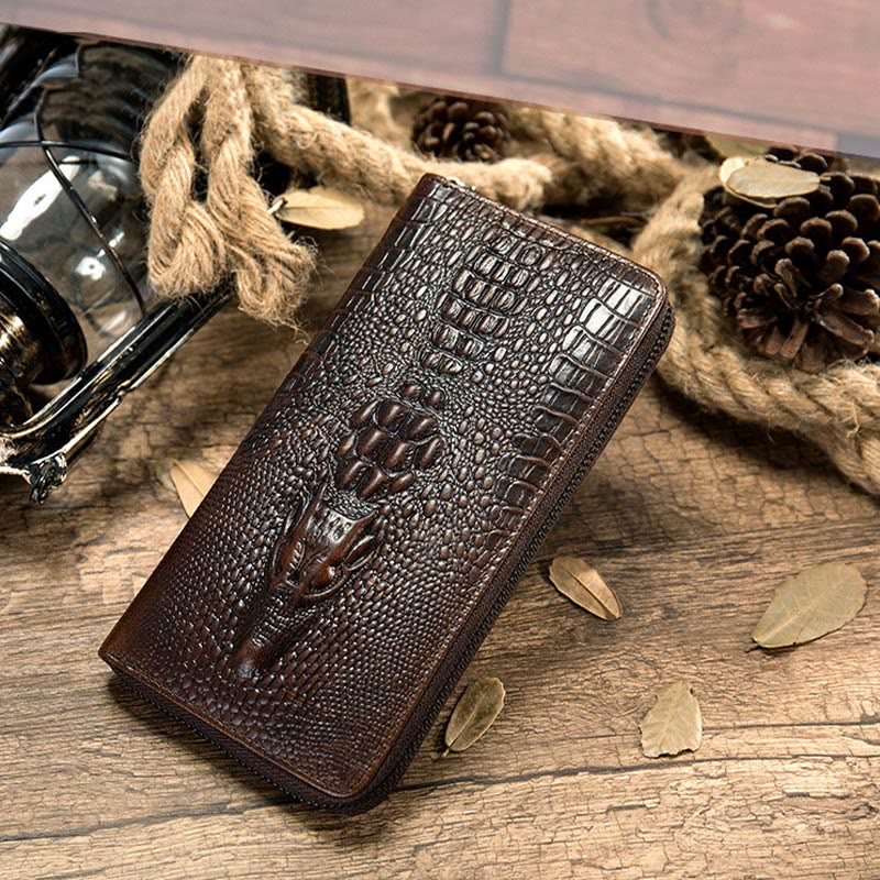 Herren Krokodil Print Brieftasche Business Echtes Leder Lange Geldbörse