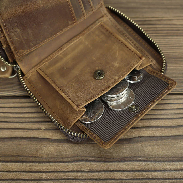 Retro Leder Geldbörse Multifunktionale Kleine Geldbörse mit Reißverschluss für Herren