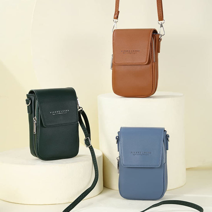 Mini-Telefontasche für Damen, Umhängetasche aus Leder mit zwei Fächern