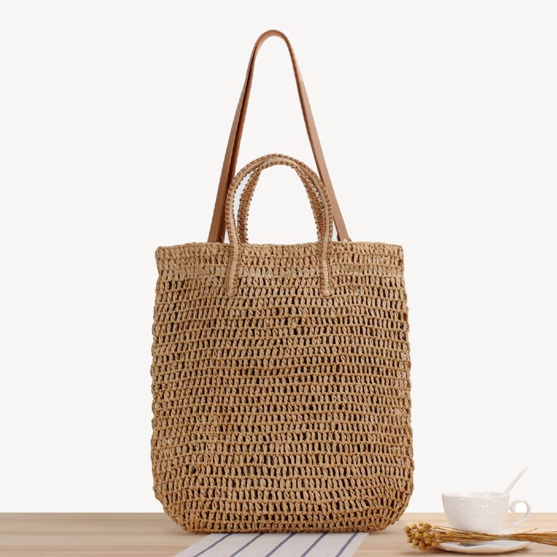 Tragetasche für Damen, ausgehöhlte, tragbare Strandtasche aus Stroh