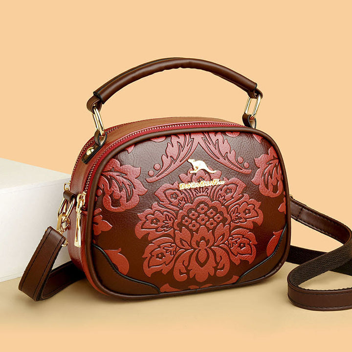 Handtasche mit Blumenprägung für Damen, Umhängetasche mit zwei Fächern