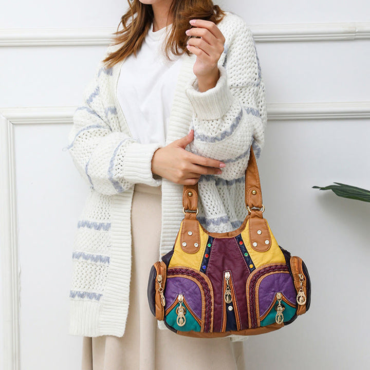 Umhängetasche mit mehreren Taschen für Damen, bunt, groß, Leder, Umhängetasche