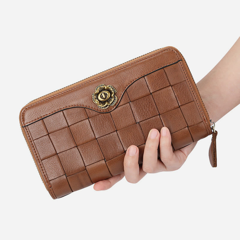 Gewebte Geldbörse aus Leder für Damen und Herren, lange, multifunktionale Clutch