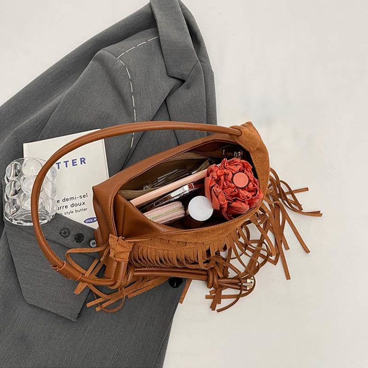 Quaste Unterarm Tasche für Frauen Retro Volltonfarbe Schultertasche
