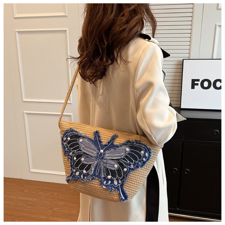 Stickerei Schmetterling Schultertasche Baumwolle Leinen Crossbody Geldbörse für Frauen