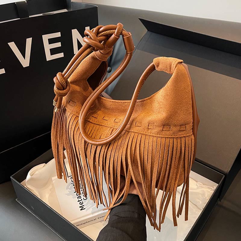 Quaste Unterarm Tasche für Frauen Retro Volltonfarbe Schultertasche