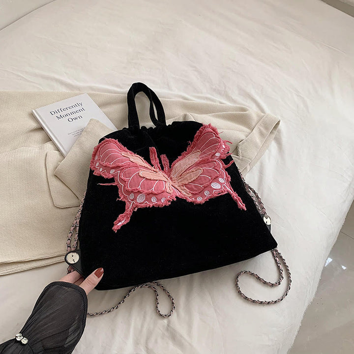 Denim Canvas Rucksack für Damen mit Schmetterlingsmotiv, mehrere Tragemöglichkeiten, Tagesrucksack