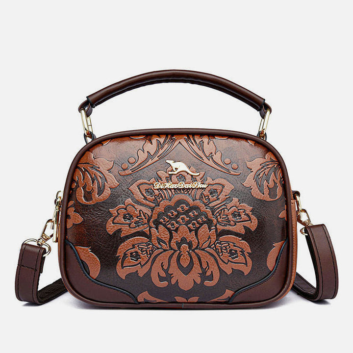Handtasche mit Blumenprägung für Damen, Umhängetasche mit zwei Fächern