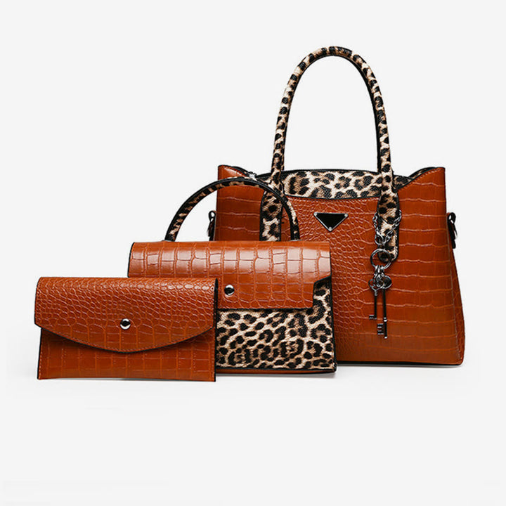 Tragetasche aus Krokodil-Leoparden-Leder für Damen, 3-teiliges Taschenset