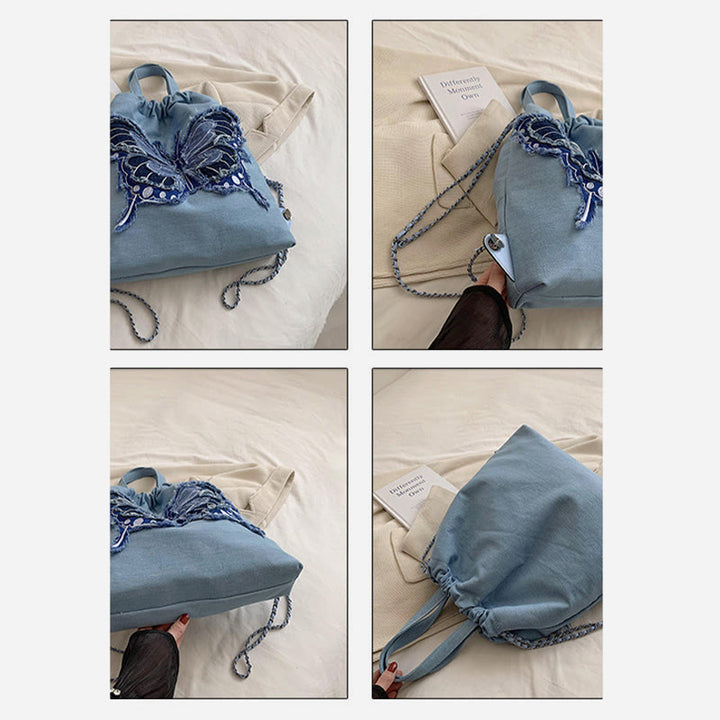 Denim Canvas Rucksack für Damen mit Schmetterlingsmotiv, mehrere Tragemöglichkeiten, Tagesrucksack