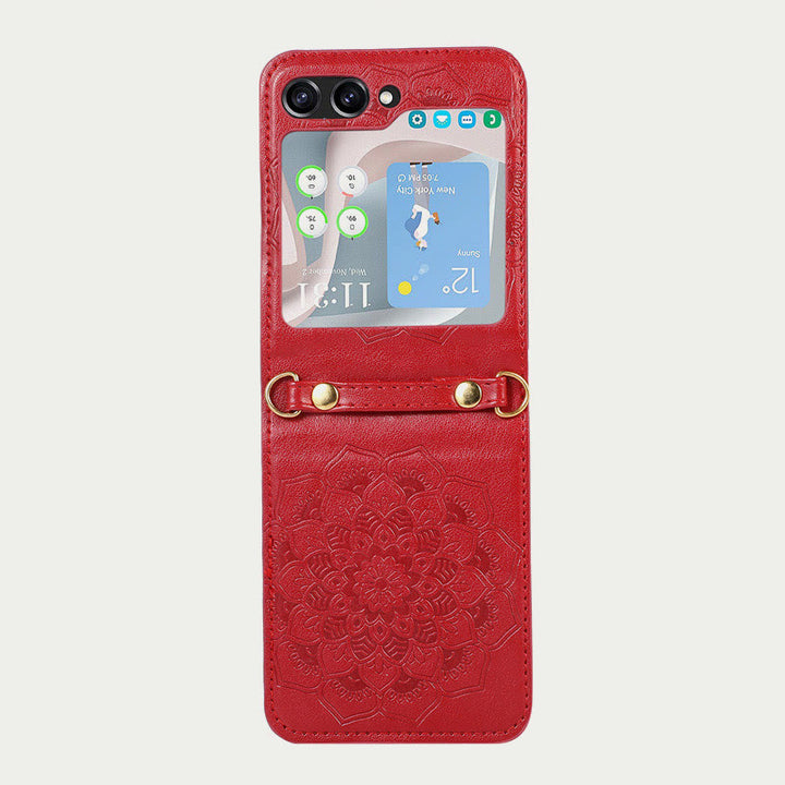 Handyhülle für Z Flip5 mit Blumenmuster, Leder, Umhängetasche