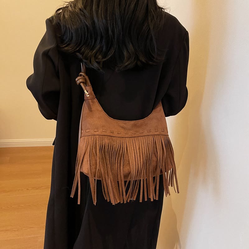 Quaste Unterarm Tasche für Frauen Retro Volltonfarbe Schultertasche