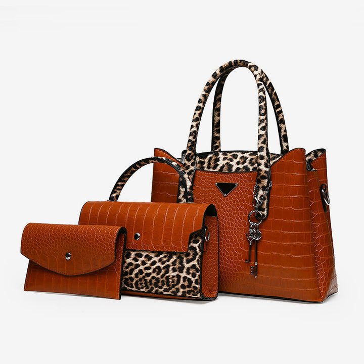 Tragetasche aus Krokodil-Leoparden-Leder für Damen, 3-teiliges Taschenset